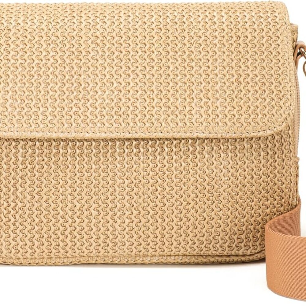 Khaki Straw Crossbody Bag with RFID, Zipper, 8.5x2.5x6.5 Inches, Travel & Beach
